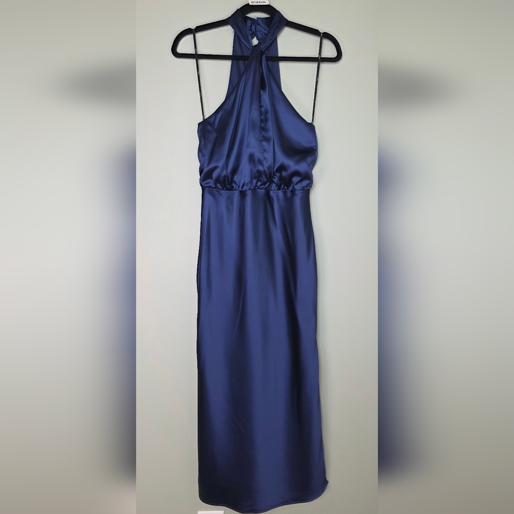 Lulus Jacey Navy Satin Halter Midi Dress, Size Small - Picture 4 of 10